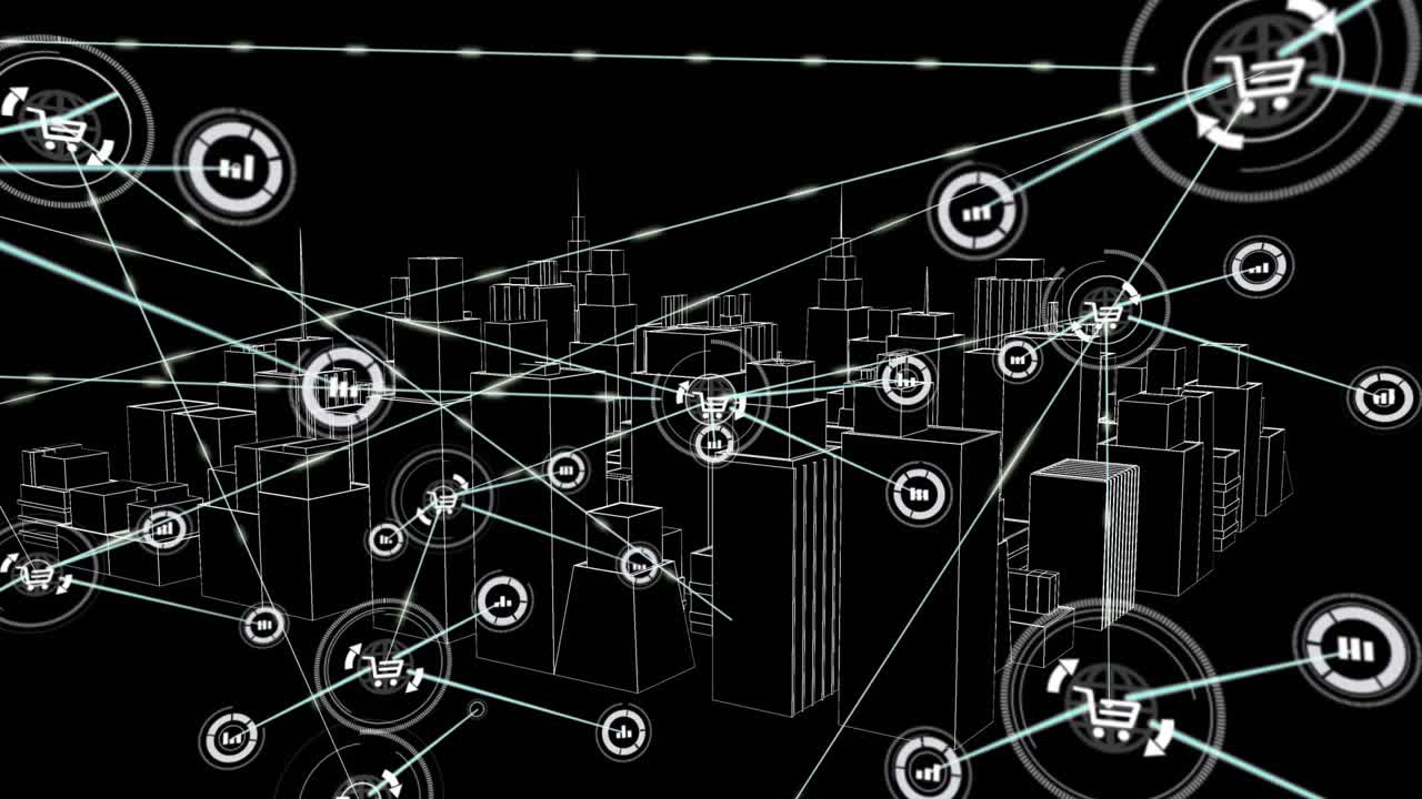 Wireframe city model appearing in black void central HUD spawning cyan beams linking commerce nodes