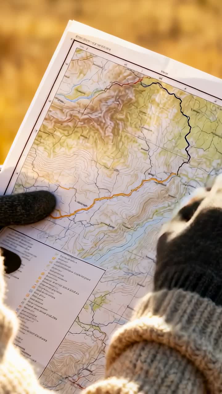 Vertikal video: Høyre hanske kommer inn, ullhansker sporer topografisk kart i felt, planlegger rød rute.