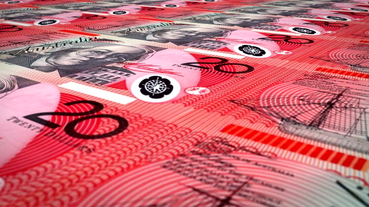 스크린에 굴러가는 20 오스트레일리아 달러 지폐 시리즈, 세계 동전, 현금, 루프