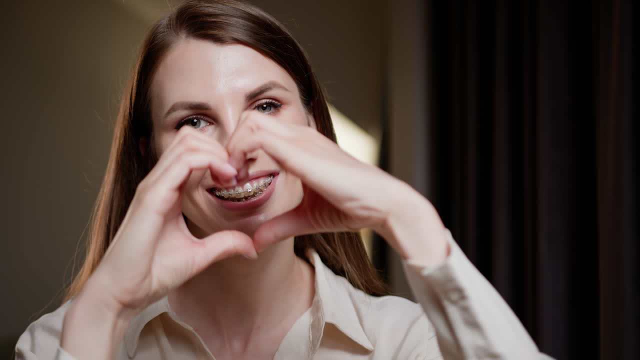 Woman with Braces Making a Heart Shape with Hands