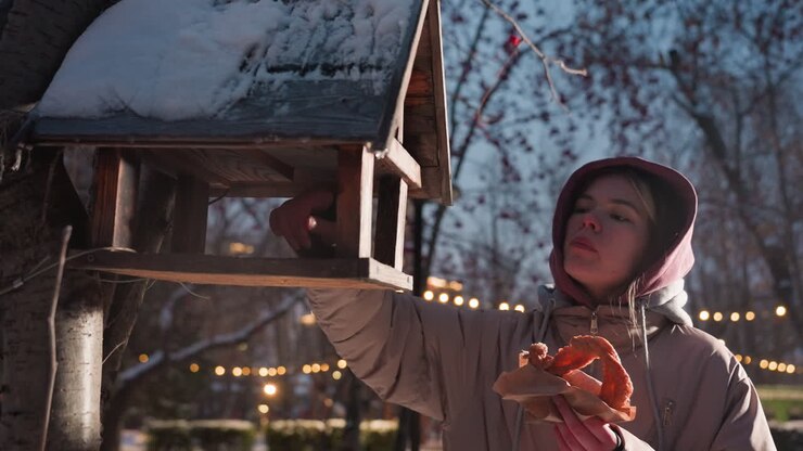 Young student standing in winter park, dropping food into bird house with snow-covered roof, surrounded by trees, festive lights glowing in background