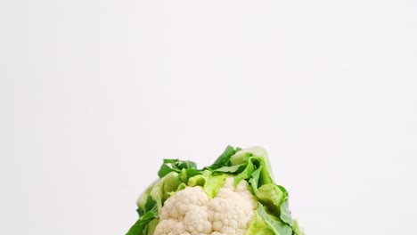 Whole-head-of-fresh-cauliflower-wrapped-in-green-leaves-falling-through-the-air-in-slow-motion-on-white-backdrop