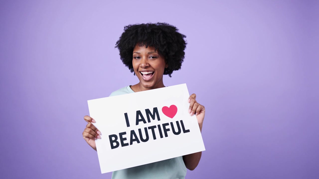 Fröhliche afroamerikanische Frau hält ein „Ich bin schön“-Schild.