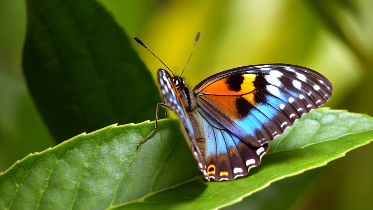 Primo piano di farfalla colorata su foglia, ali blu e arancioni vivaci, antenne delicate, posata su verde lucido.