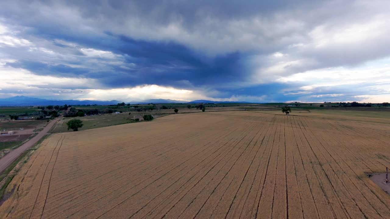 High altitude winter wheat field with majestic rocky mountains under a stormy and threatening sky