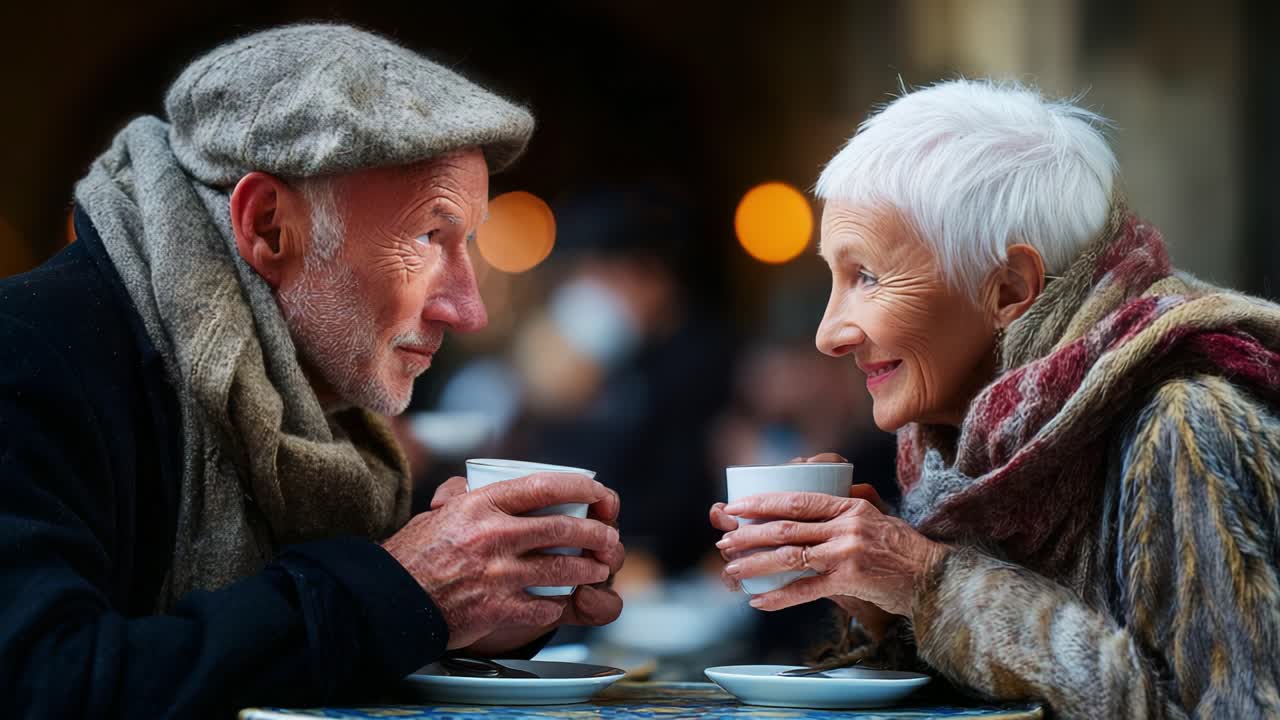 Cherished Connection: Two Elders Enjoying a Cozy Moment Over Warm Beverages, Sharing Laughter and Warmth in a Charming Outdoor Setting Filled with Warm Lights