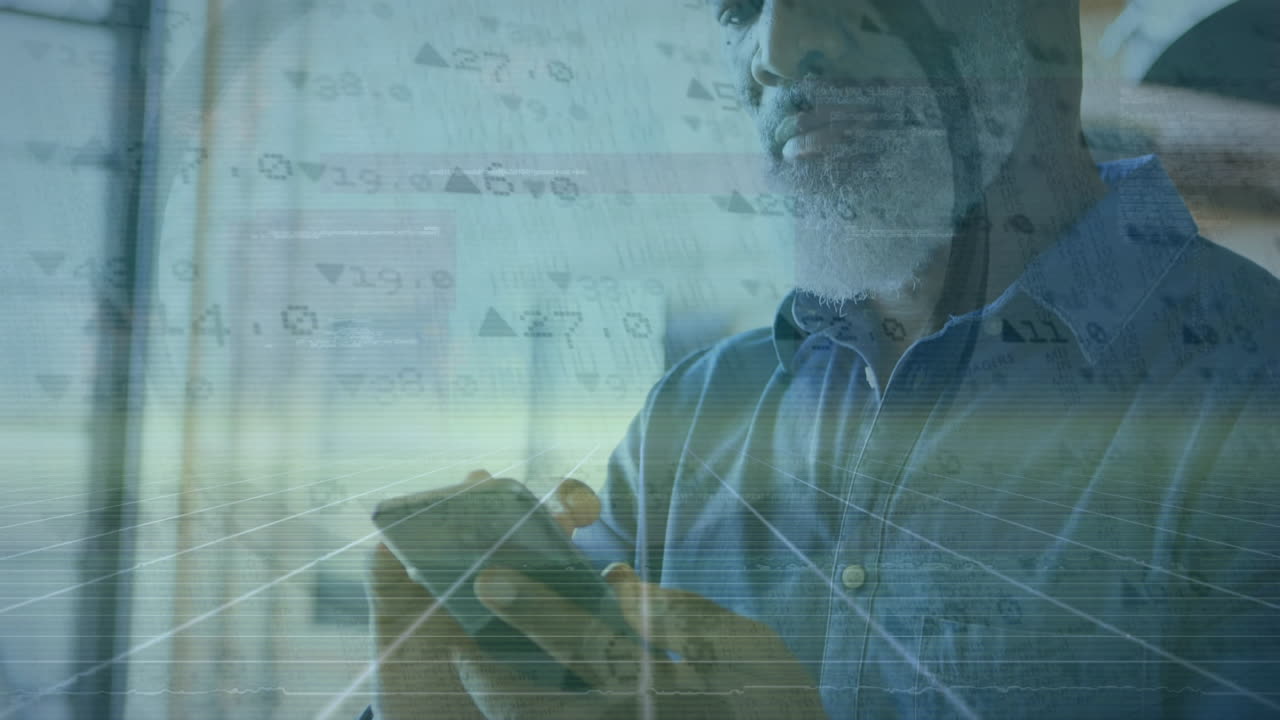 animación del procesamiento de datos sobre hombres afroamericanos que usan teléfonos inteligentes