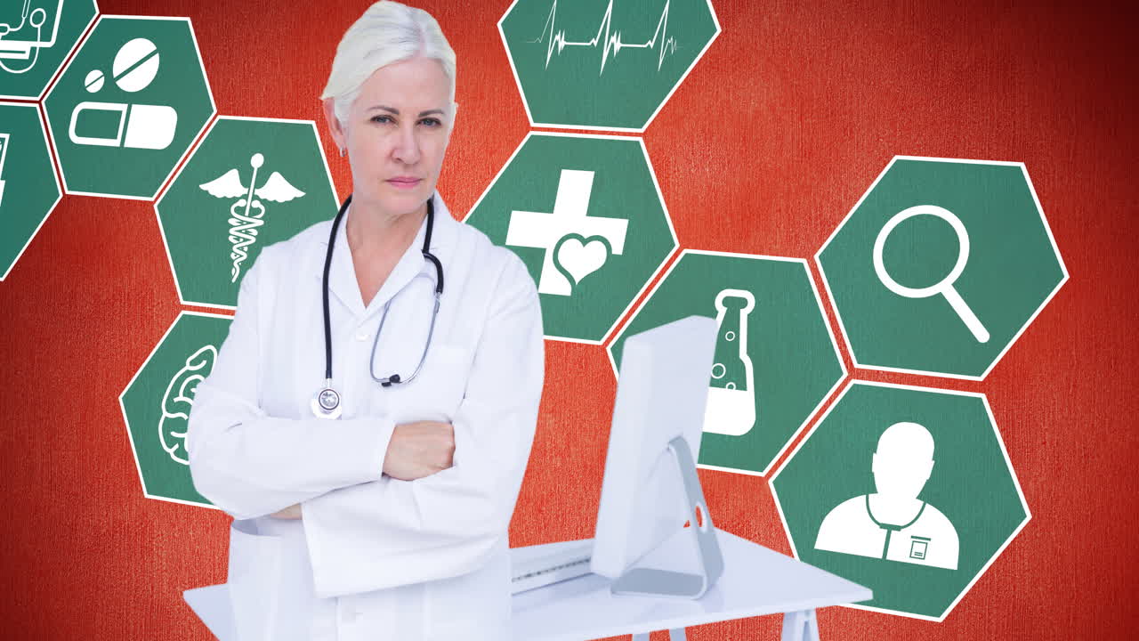 animación de una doctora sobre iconos médicos