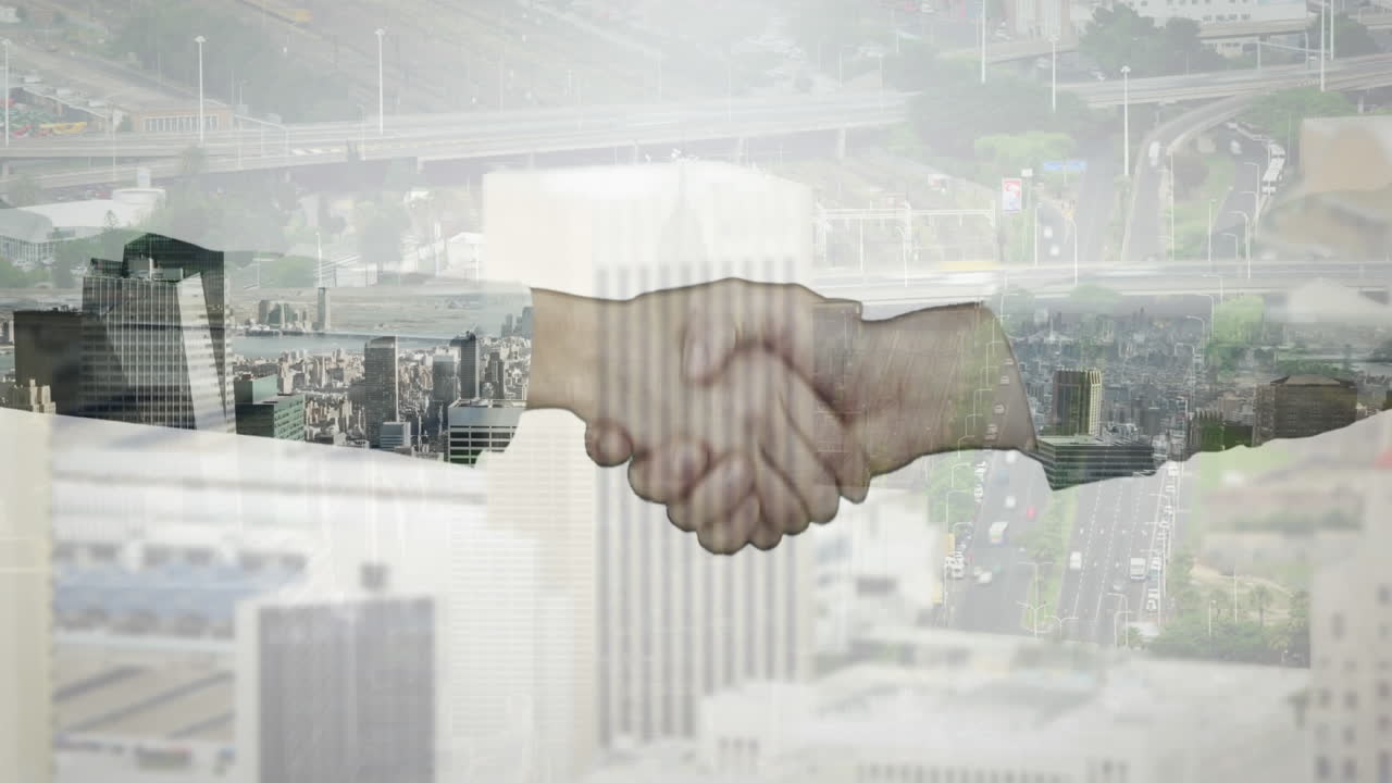 animación de un hombre de negocios y una mujer de negocios estrechando las manos sobre el paisaje urbano