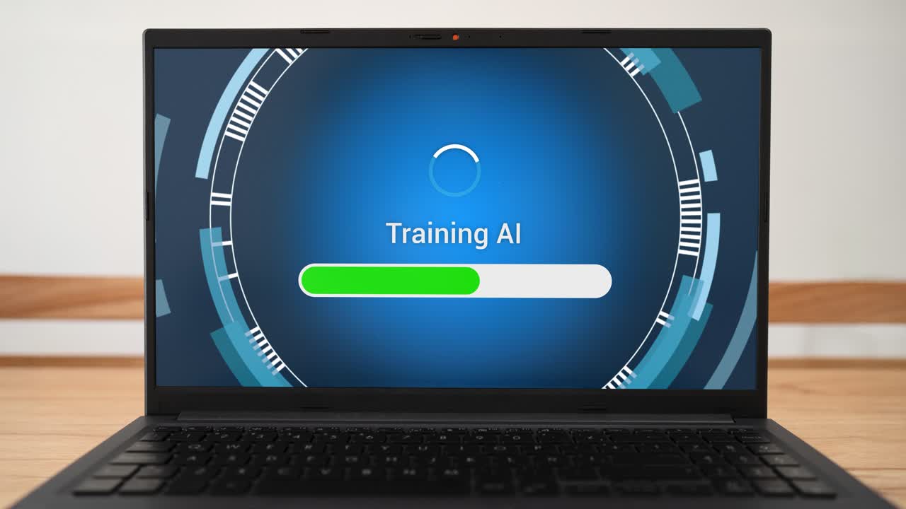 Training custom AI on laptop. Concept of developing new artificial intelligence agent.