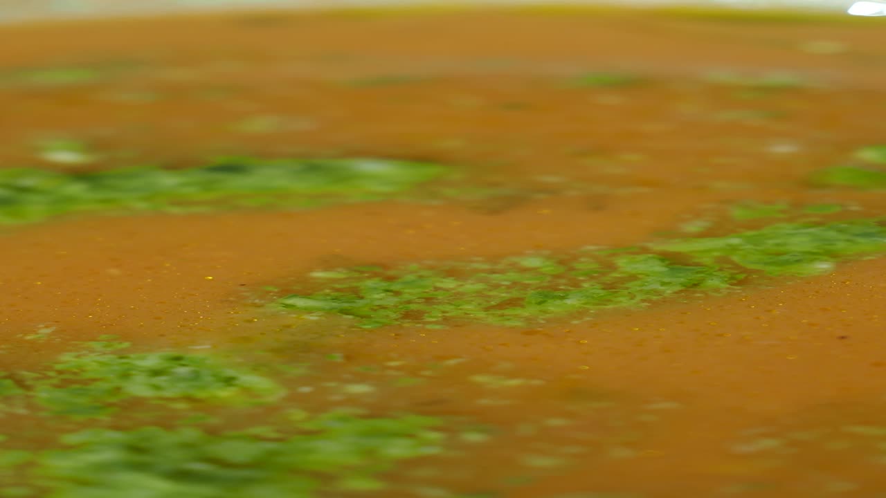 primer plano de sopa de tomate con pesto