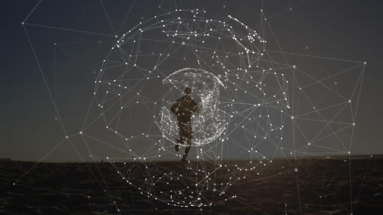 Running person surrounded by digital network connections forming animation sphere