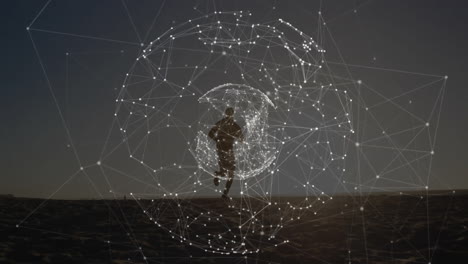 running person surrounded by digital network connections forming animation sphere