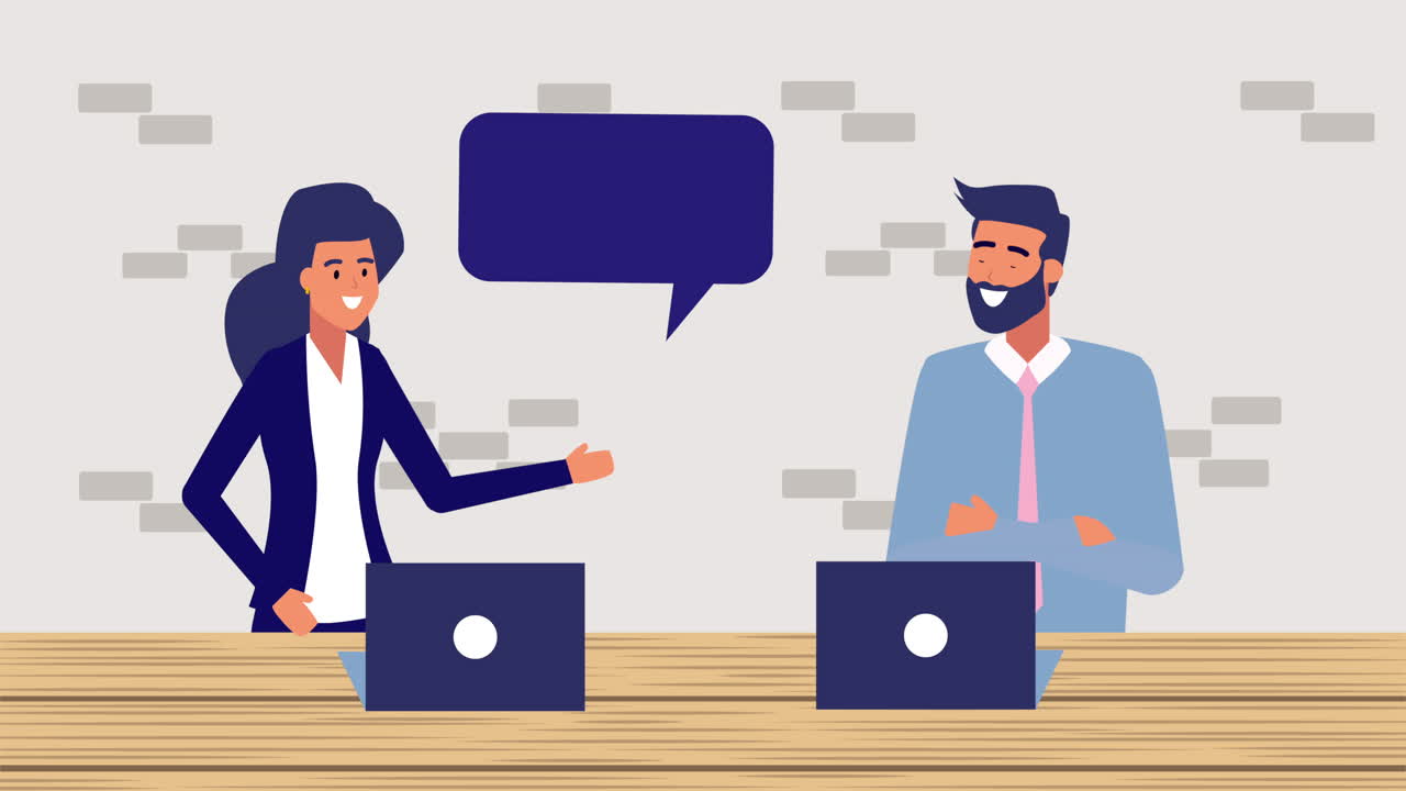 business couple working with laptop animation