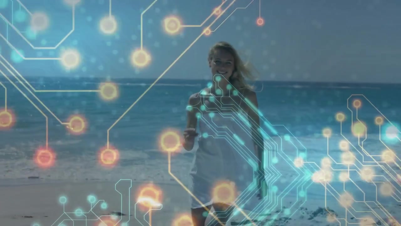 Woman walking shoreline while digital circuits fading in and swirling around her showing tech theme