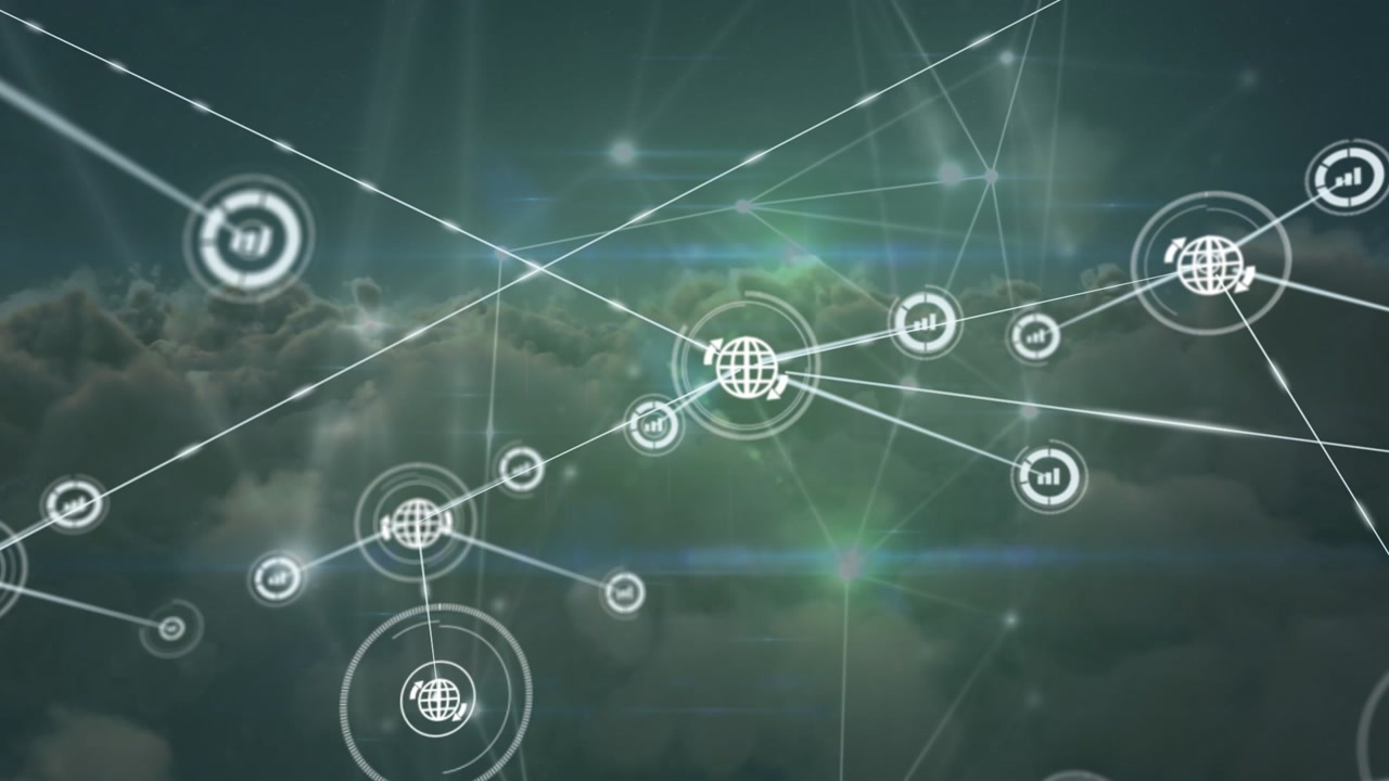 Animazione di una rete di connessioni con icone su cielo e nuvole.