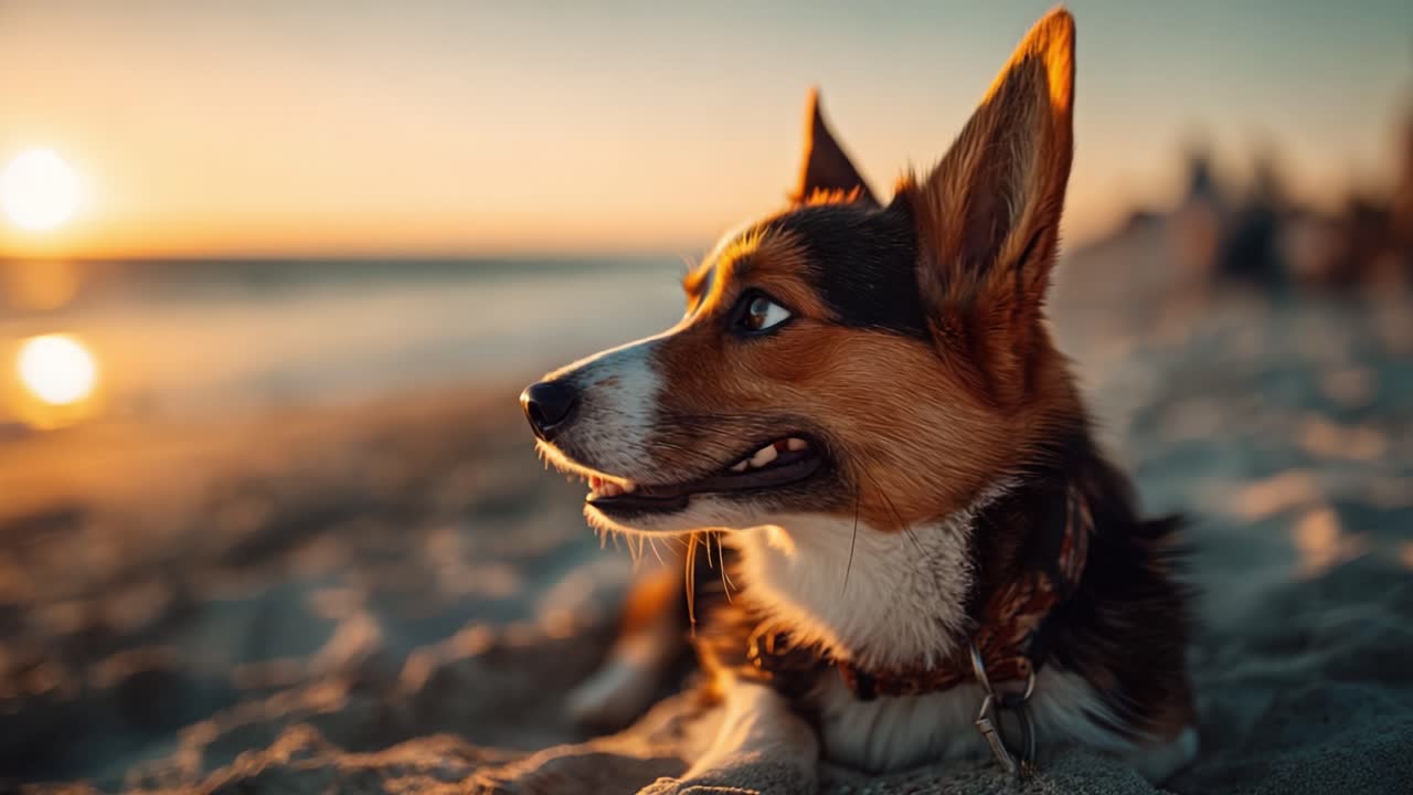 Ein verspielter Corgi entspannt sich am Strand bei Sonnenuntergang, fängt die Schönheit der Natur mit seinem charmanten Ausdruck und dem warmen Glanz des Abendlichts ein