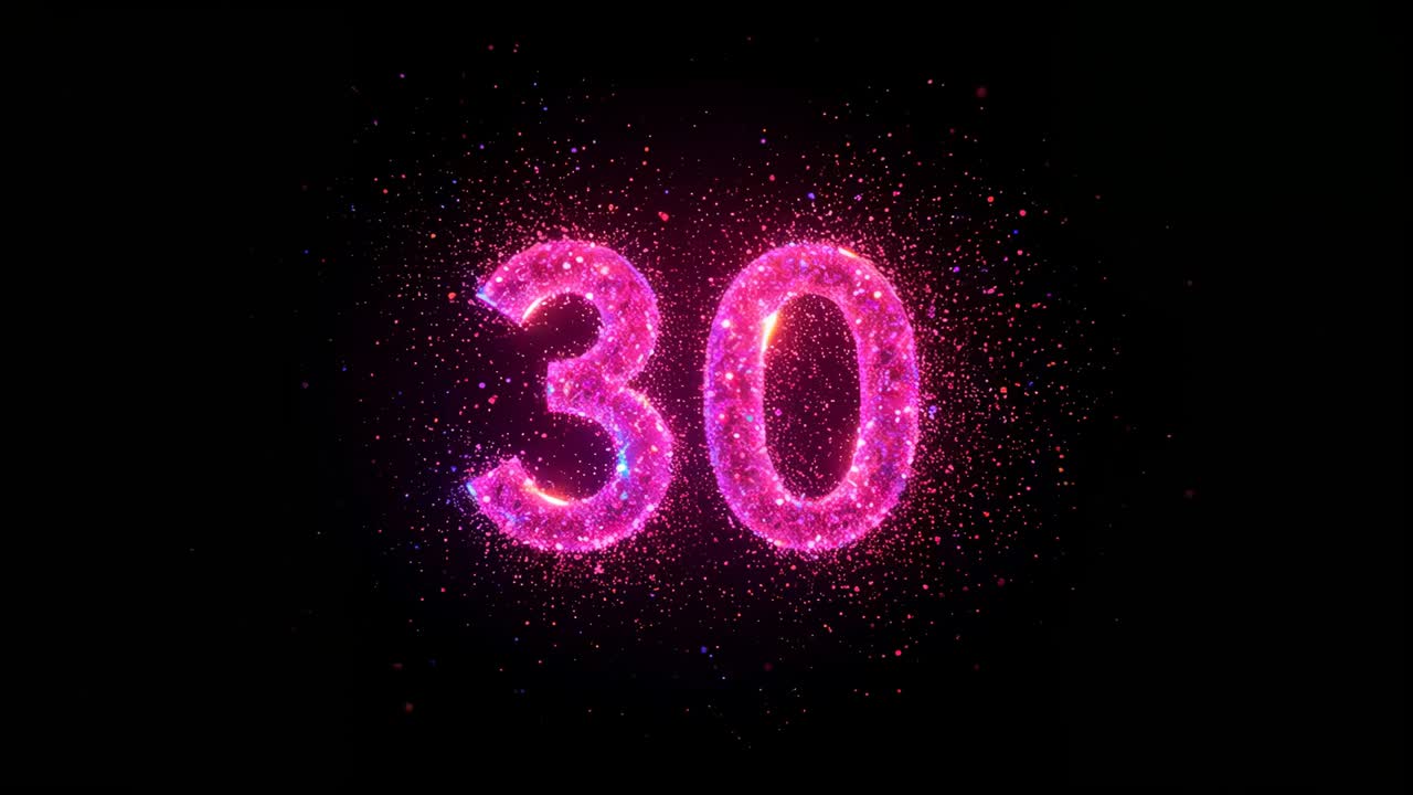 Loop starting numeral 30 made of pink particles shimmering and scattering in black void, halo glow