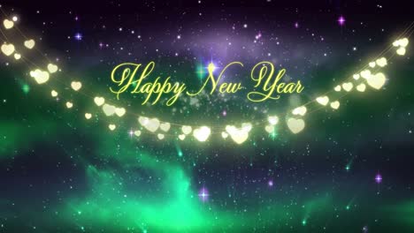 Animation-of-happy-new-year-text-with-christmas-fairy-lights-over-stars-on-sky