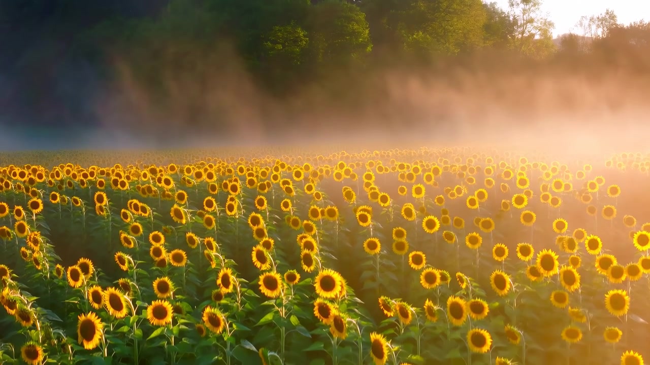 A wide sunflower field fills the lower and central frame, with bright blooms in the foreground and midground, soft mist drifting across the scene, and dark