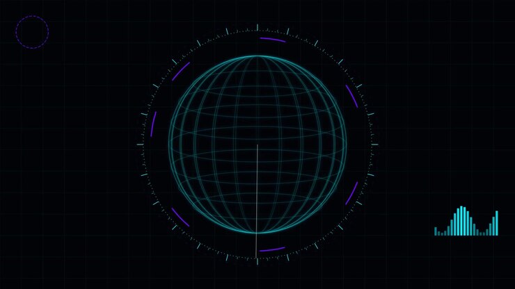 Digital Wireframe Globe with Rotating Radar Scanner and Data Visualization