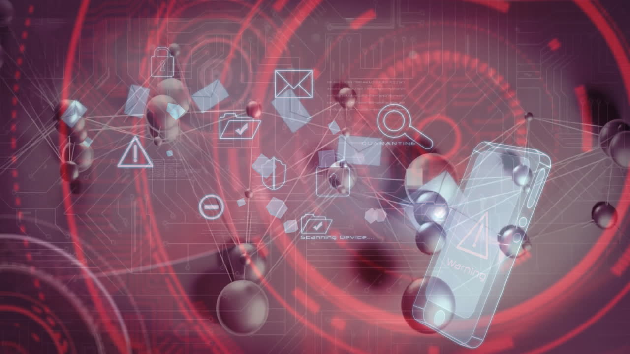 디지털 보안 아이콘과 스마트 폰 경고 애니메이션을 빨간 네트워크 배경으로 표시합니다.