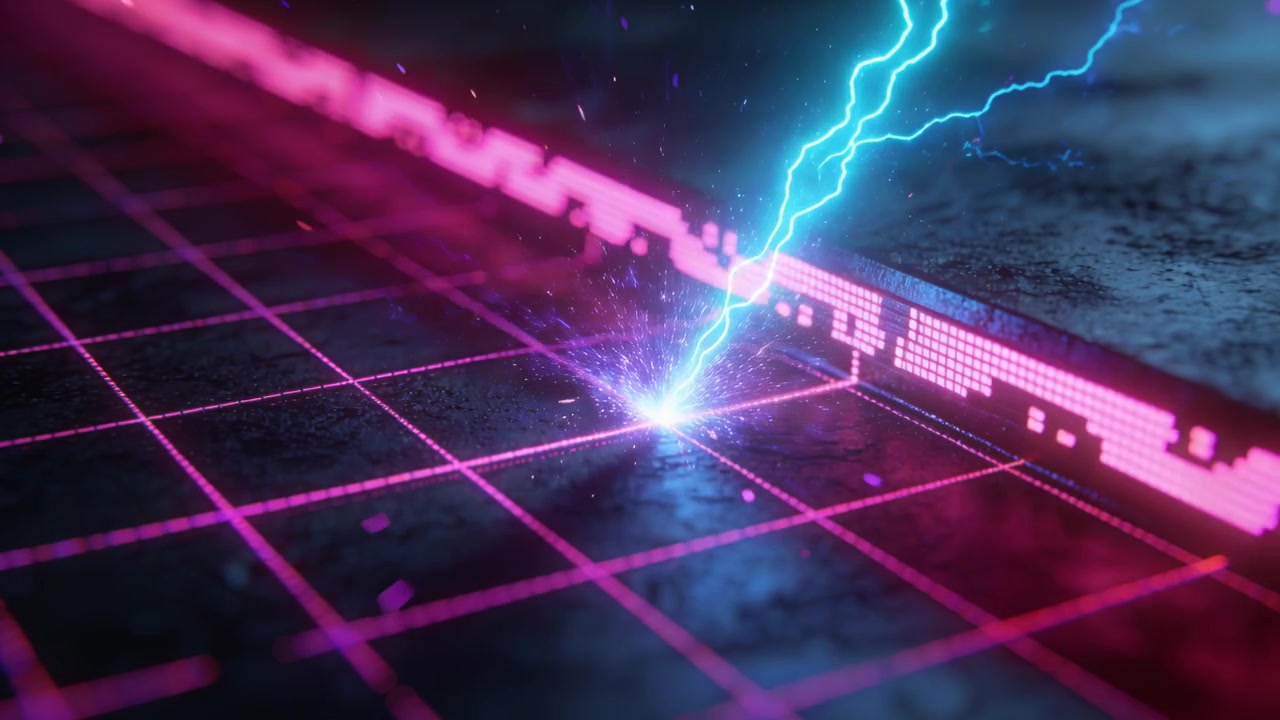 Kimalteleva syaanin värinen salama kaareutuu magentanvärisestä LED-nauhasta kohti neonruudukkoa luoden violetteja renkaita.