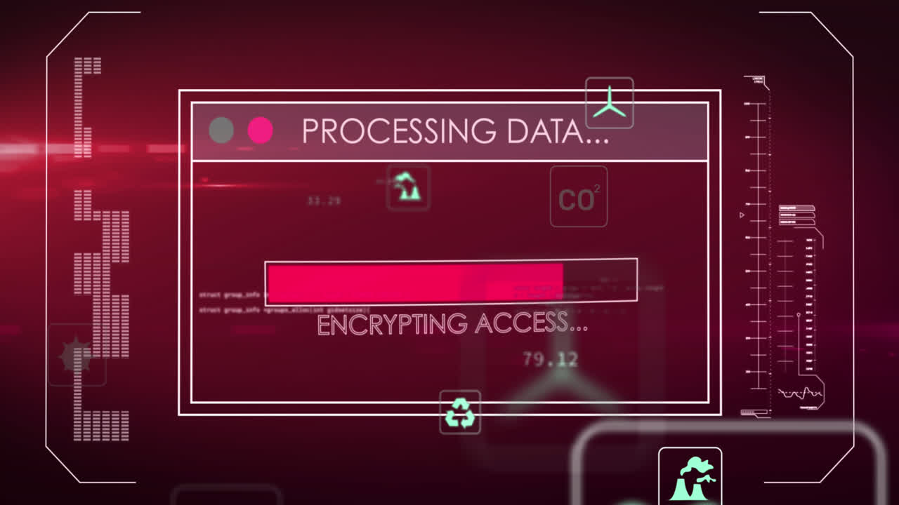animación de múltiples iconos digitales a través de la interfaz con procesamiento de datos contra fondo rojo