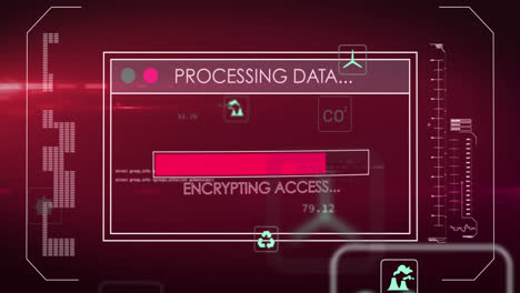Animation-of-multiple-digital-icons-over-interface-with-data-processing-against-red-background