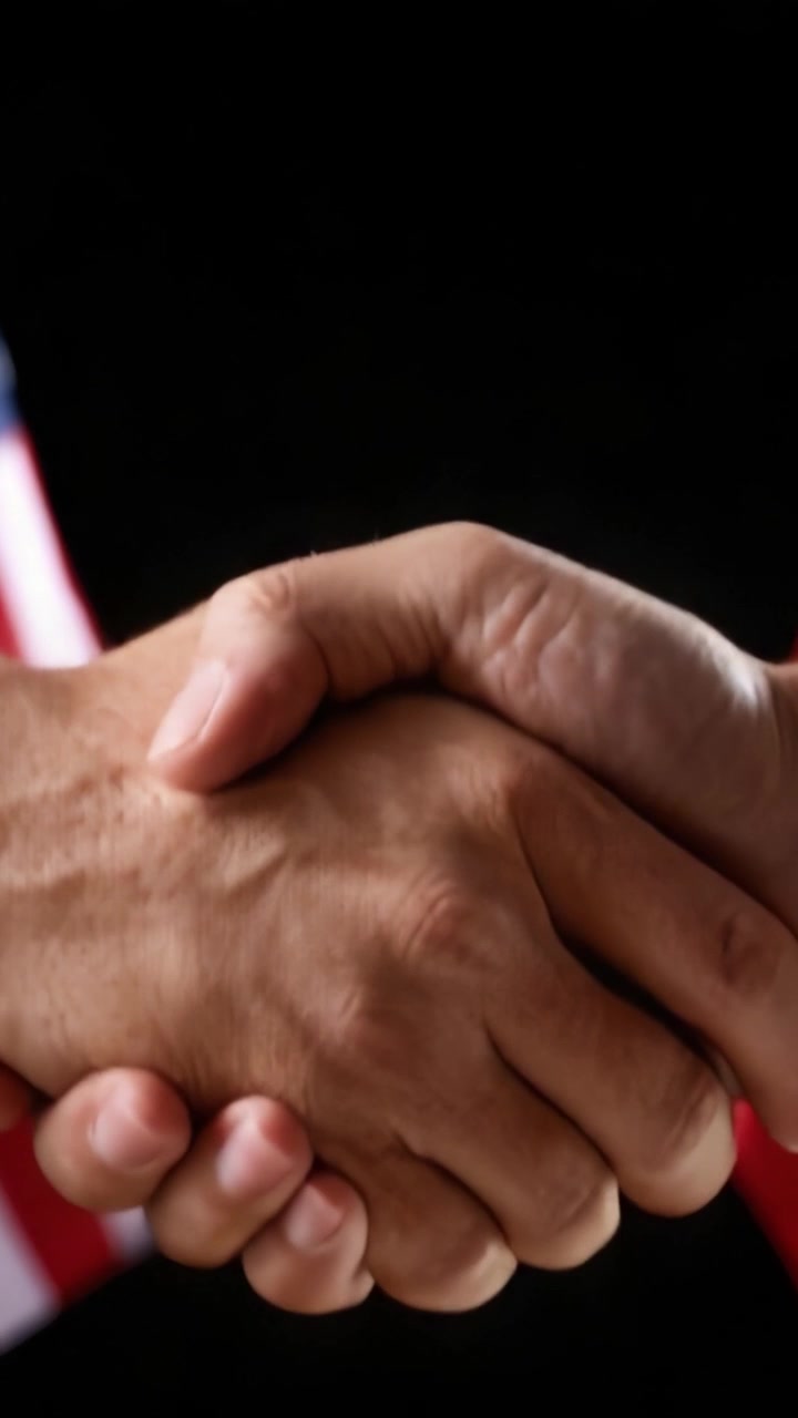 Um close-up de duas mãos apertando em um gesto de acordo, união ou parceria contra um fundo escuro com cores sutis da bandeira americana.