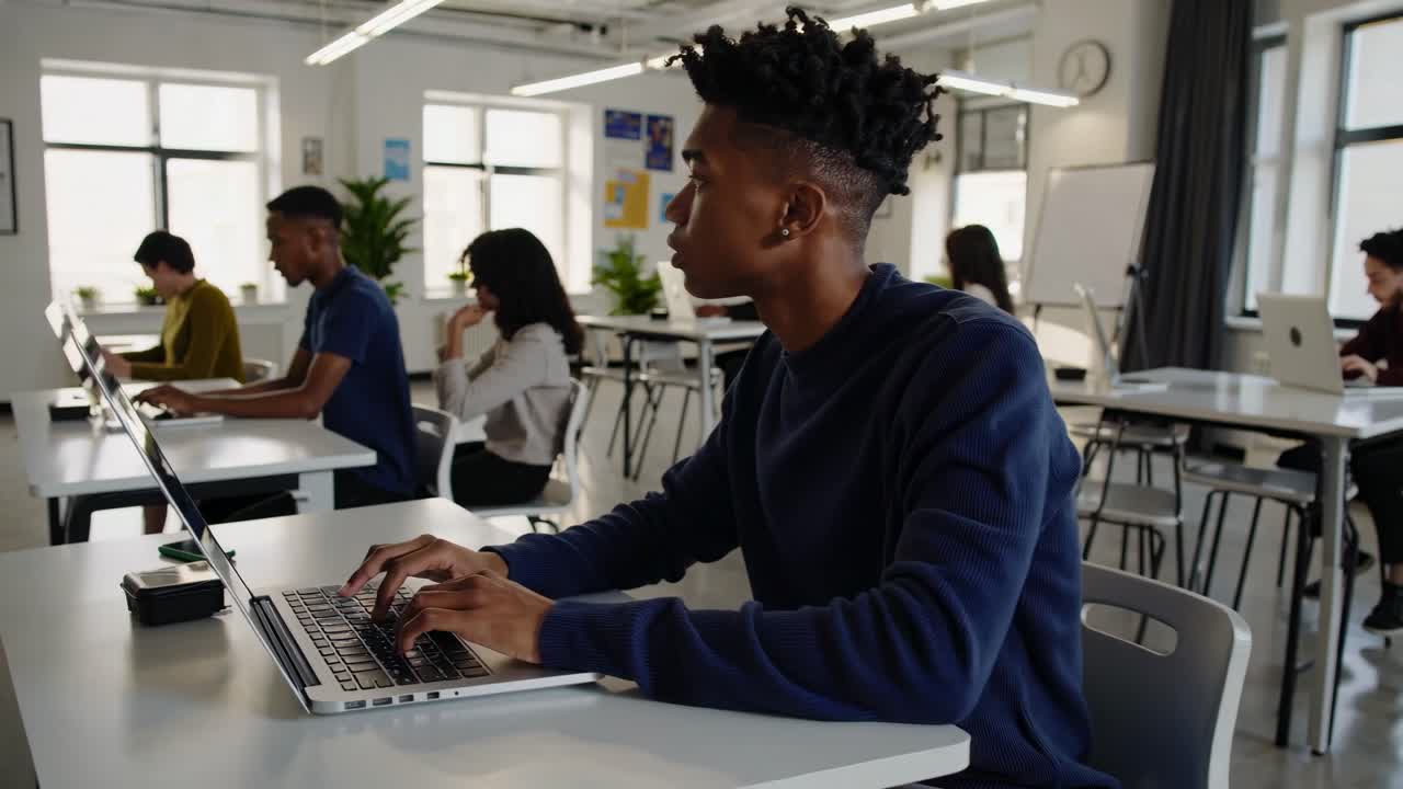 Video of a modern classroom with diverse students working on laptops