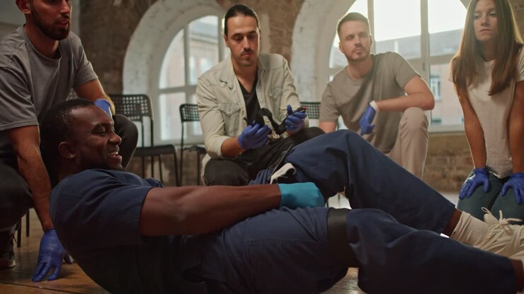 Close-up shooting: A Black male doctor in a blue medical uniform demonstrates the tightening of a medical tourniquet on his leg for public. Practical trainings on first medical aid. Course of a medic