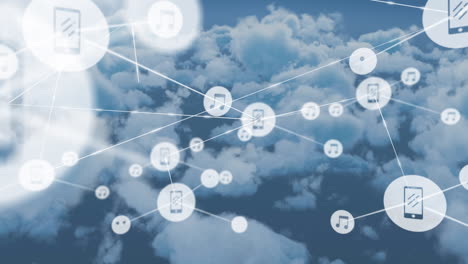 animación de la red de conexiones con iconos sobre nubes