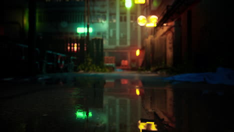 dark, wet alleyway with reflections of neon lights in a puddle