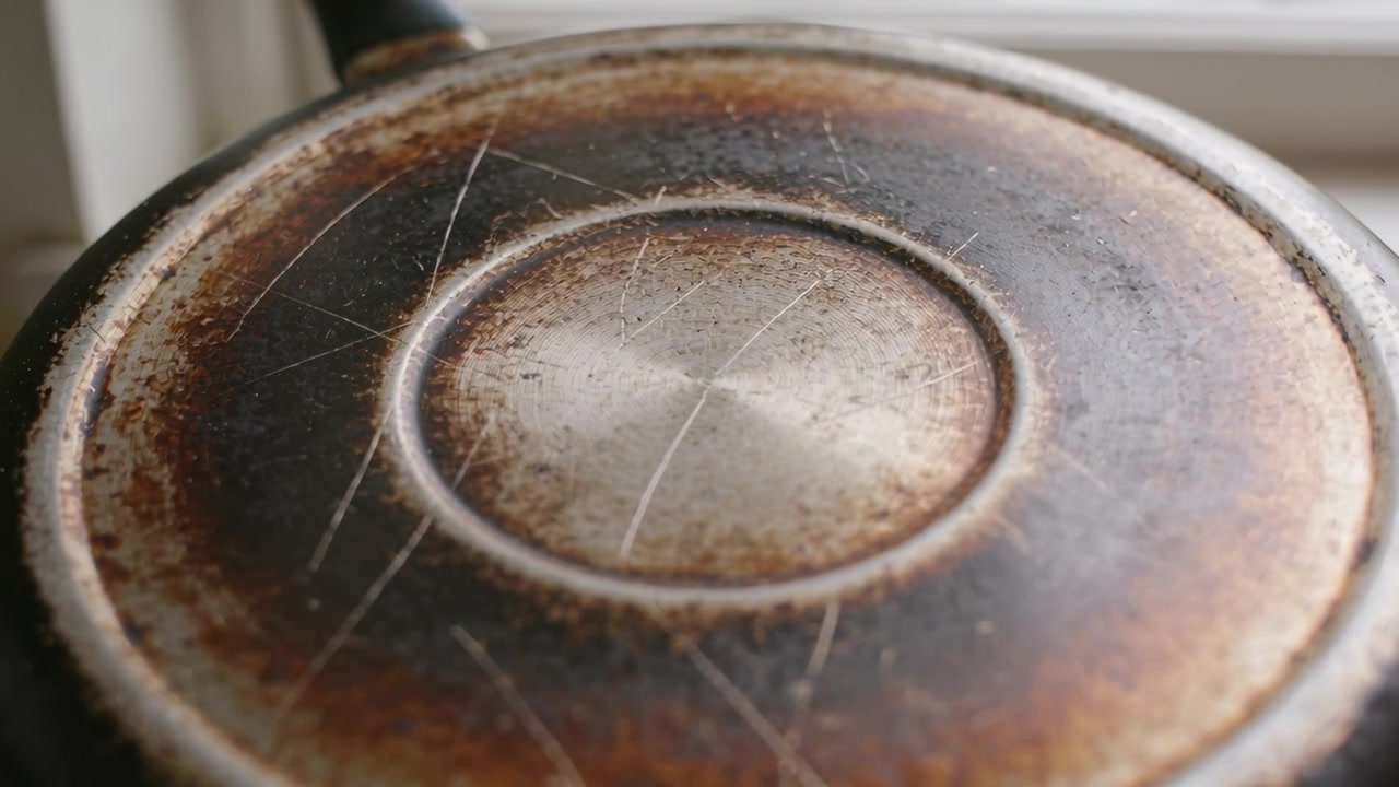 Kamera schwenkt zur Metallpfannenbasis, enthüllt eine gerillte Oberfläche, Brandspuren auf dem Rand, um Abnutzung zu zeigen.