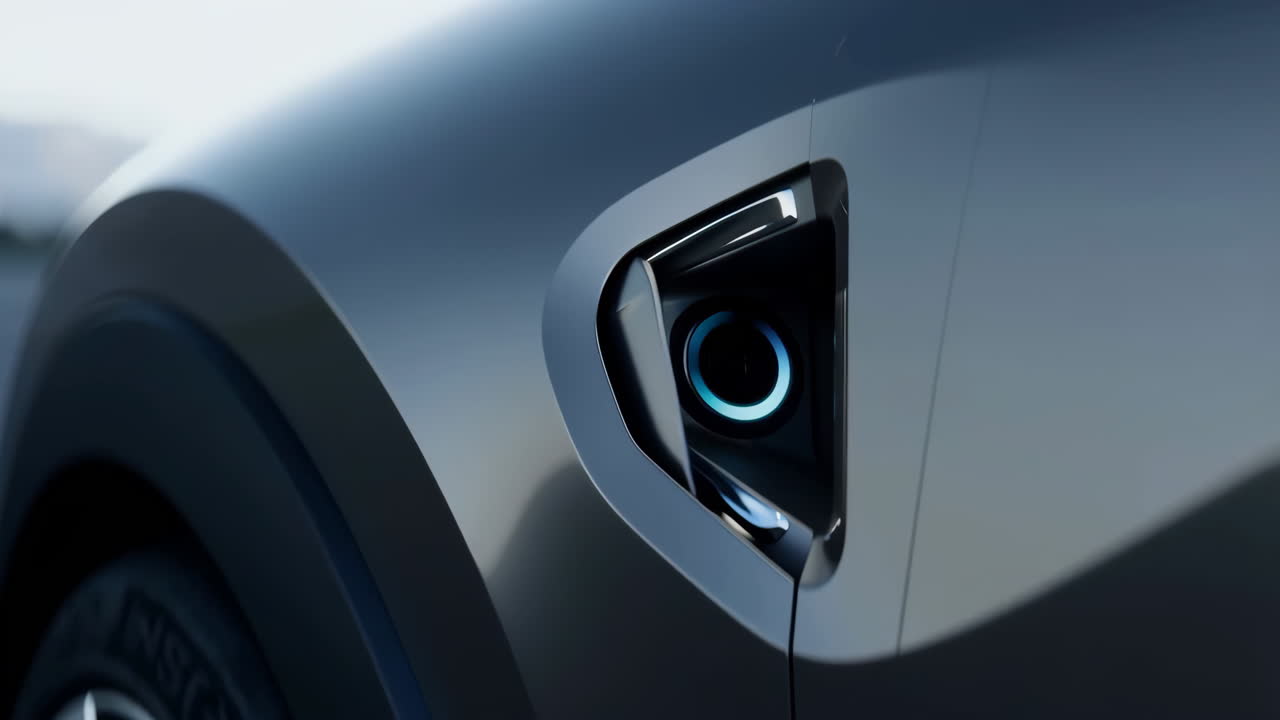 Close-up of an Electric Car Charging Port with Blue Light
