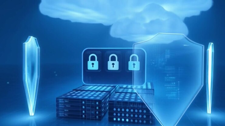 Digital Cloud Computing and Cybersecurity Concept with Server Racks