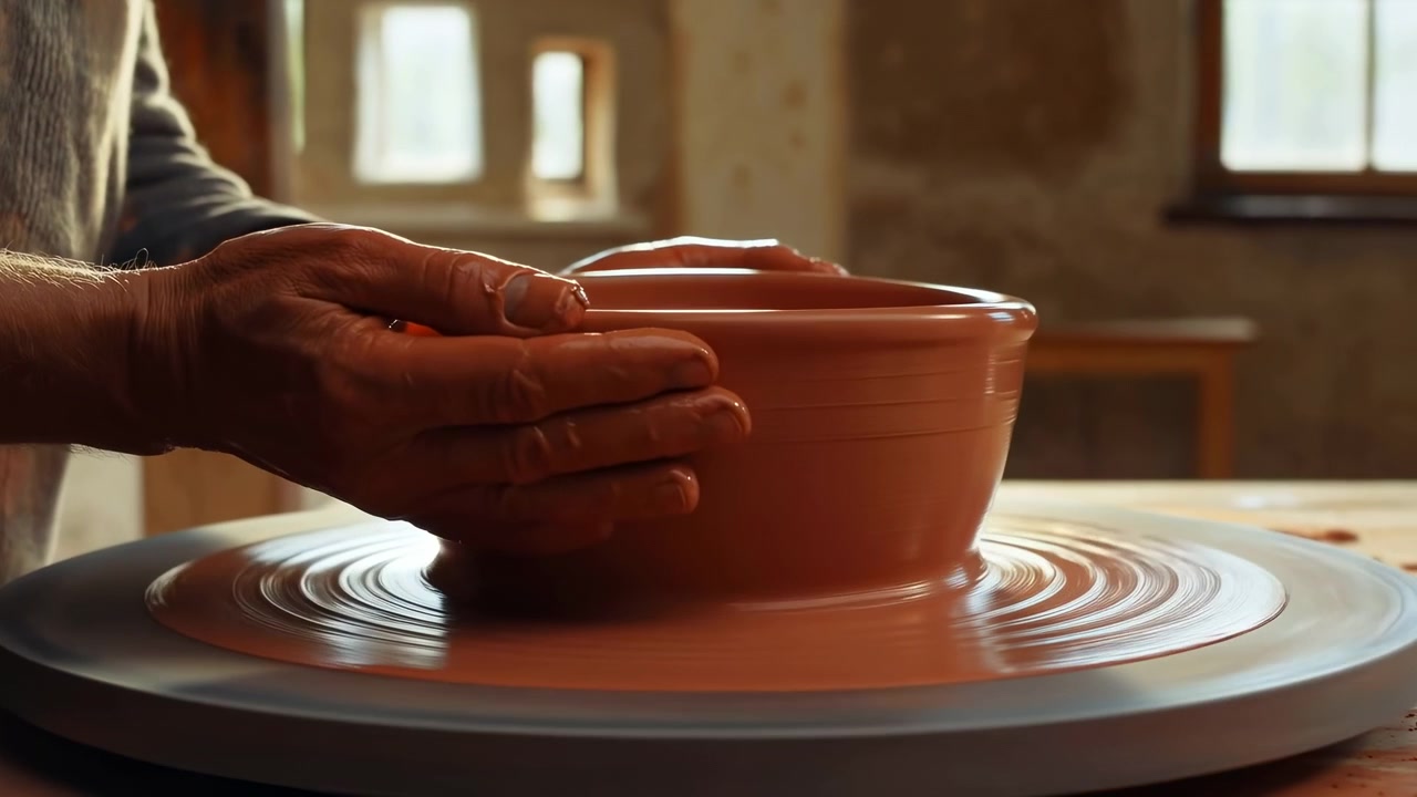 Una vista laterale ravvicinata mostra le dita che guidano l'argilla umida mentre la ruota gira, rifinendo il bordo e i lati curvi del vaso mentre la luce solare soffusa dalle finestre vicine riscalda le superfici di lavoro terrose