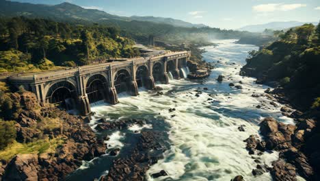 water flows over a dam into a serene river landscape during daylight