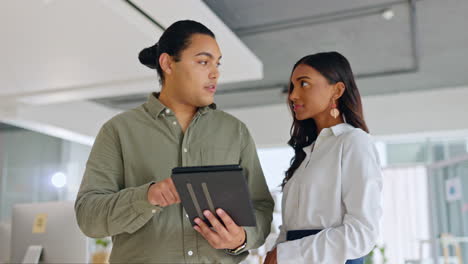 team work, talking or business people with tablet