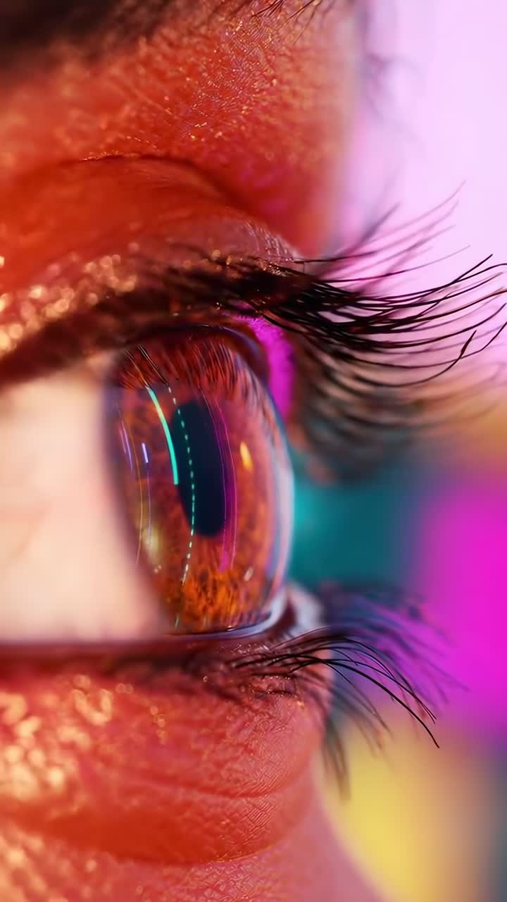 Close-up video shot of an eye reflecting vibrant neon lights, capturing a futuristic vibe