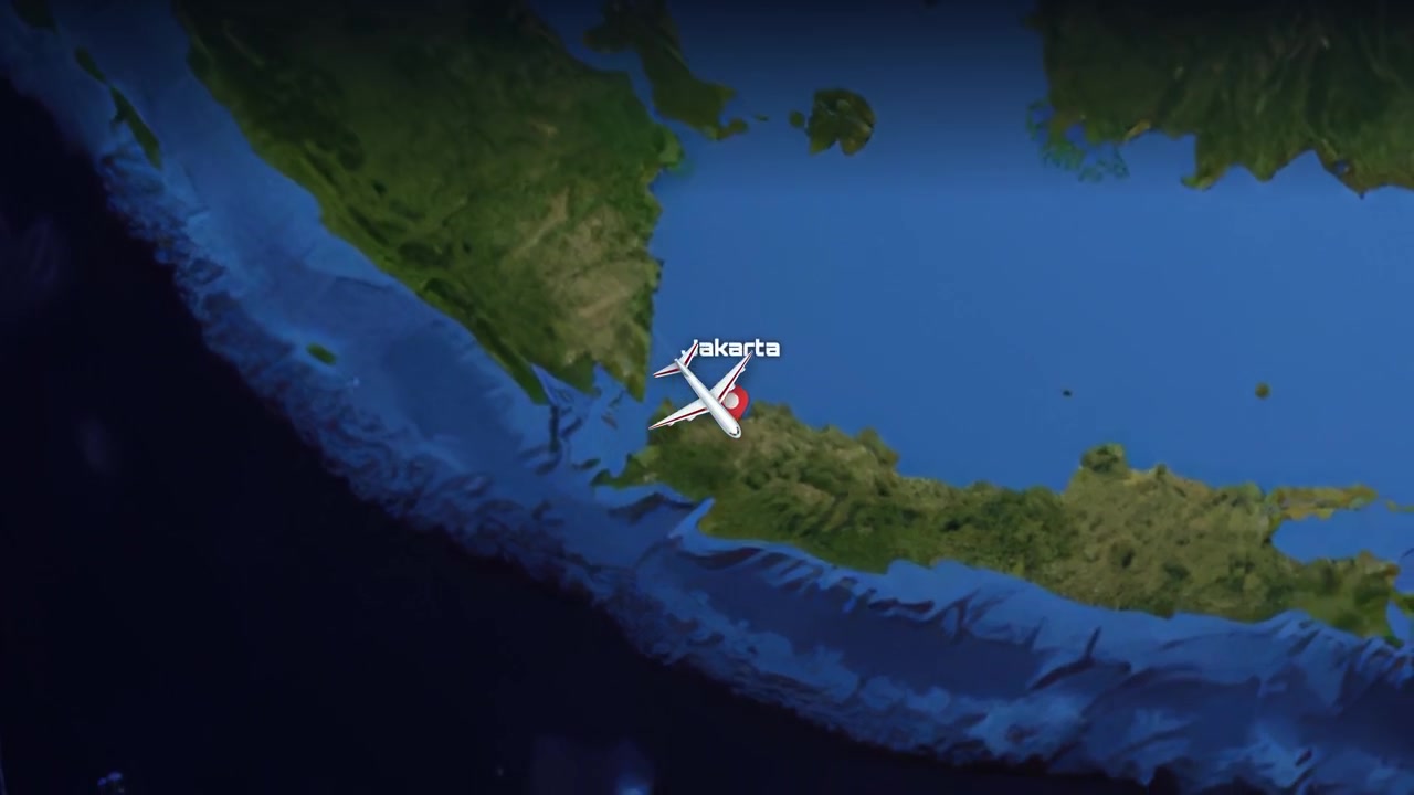 Satellite view animation follows a commercial airplane flying from London to Jakarta across the globe