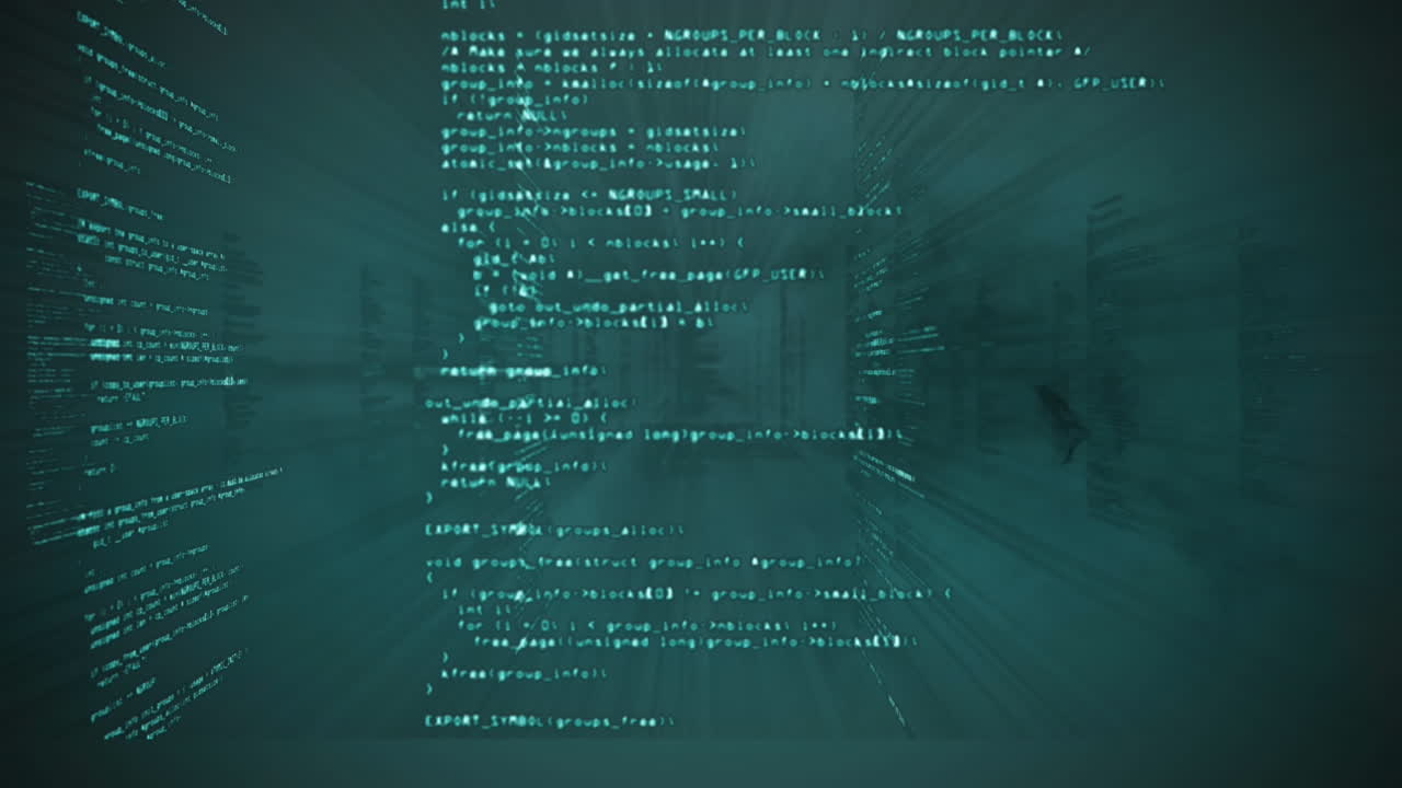 Animation of tunnel with data processing on green background with smoke