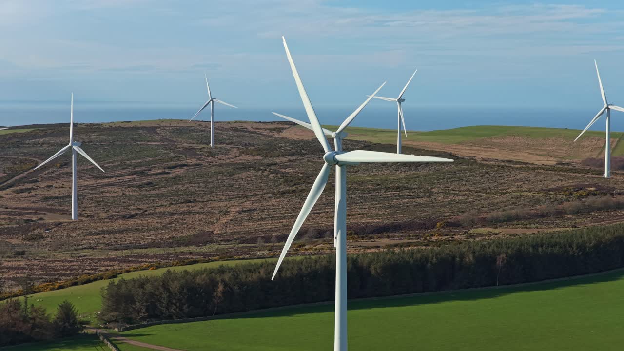 Wind turbines generating renewable energy in scottish countryside