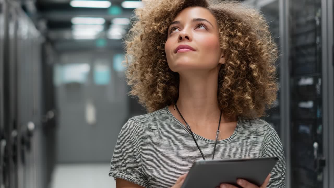 A Female IT Professional in a Data Center Analyzing Information on a Tablet with Focused Expression Amidst Server Racks and Networking Equipment
