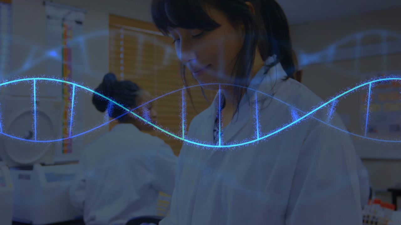 Lab scientist tapping tablet causing animated DNA helix sliding across screen while monitoring data
