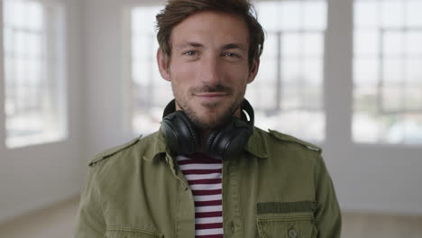 close up portrait of attractive young man enjoying listening to music removes headphones looking at camera smiling confident