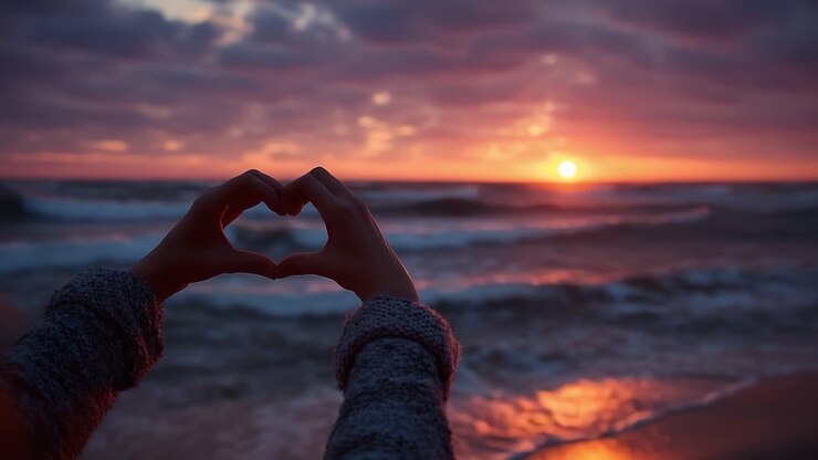 Un tramonto sereno sull'oceano: catturare amore e tranquillità con mani a forma di cuore incorniciate contro l'orizzonte colorato.