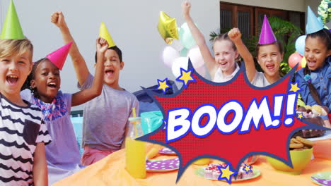 boom text on speech bubble against kids wearing party hats in a birthday party