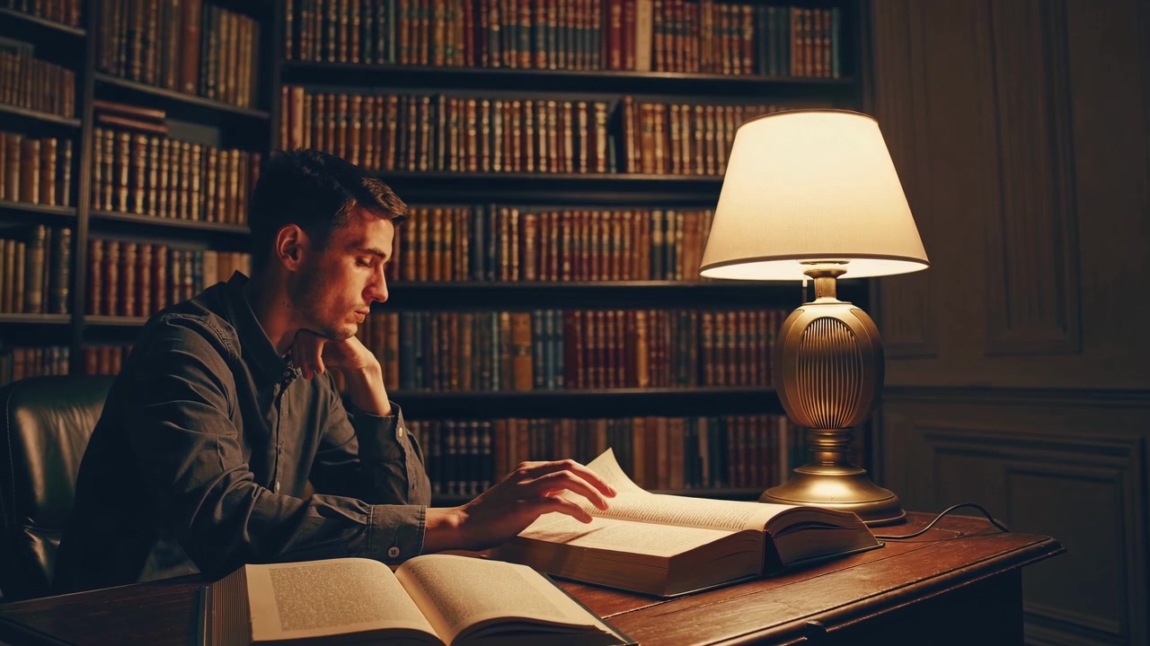Young Man Reading Books in a Dimly Lit Library